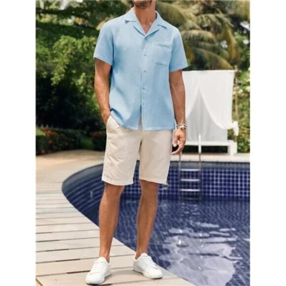 New Mens Waffle Button Down Shirt Light Blue Cuban Loose Fit Short Sleeve Top - Picture 4 of 6